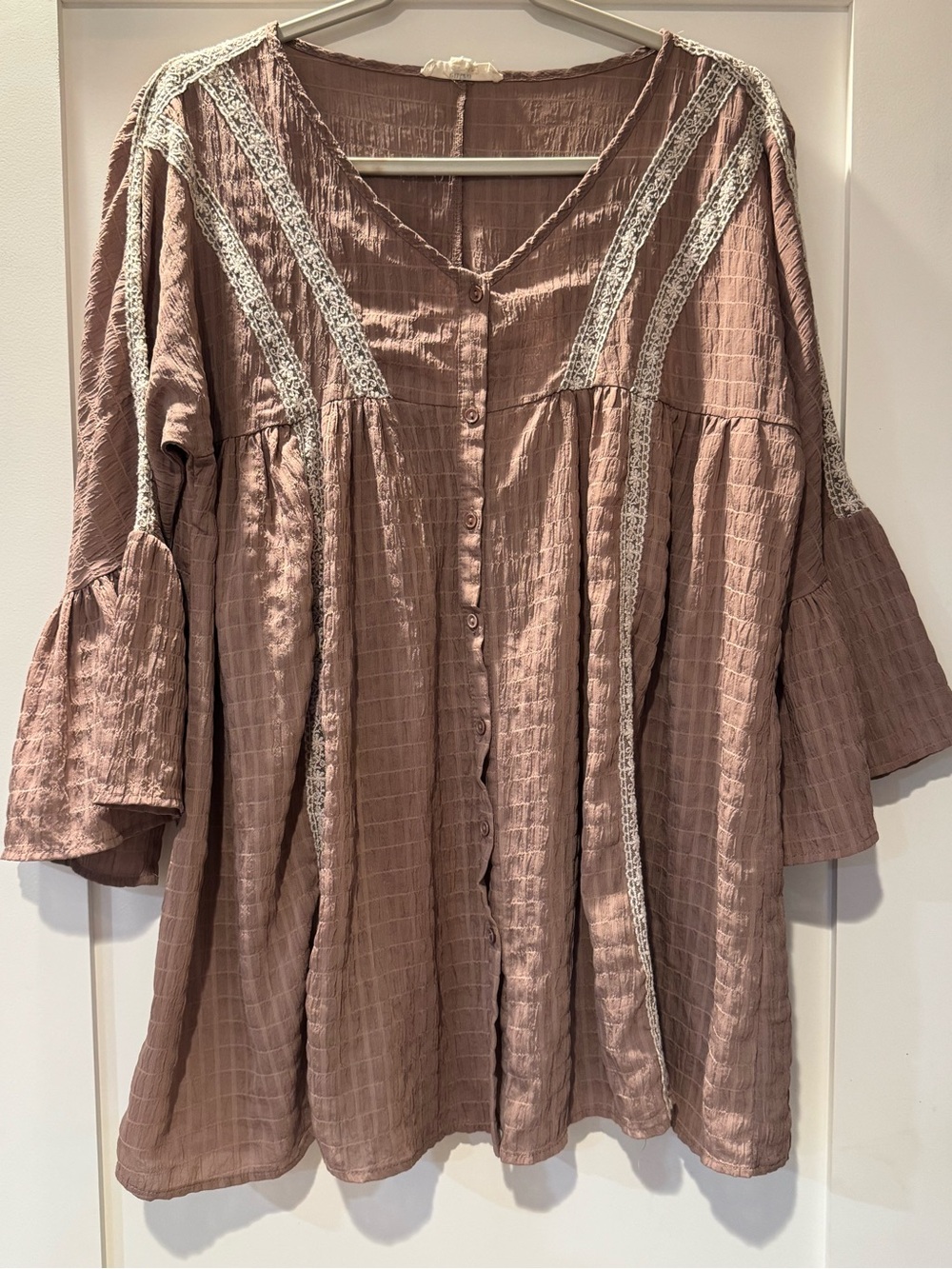 Entro Brown Mauve Boho Tunic Blouse Size M Lace Trim Bell Sleeve